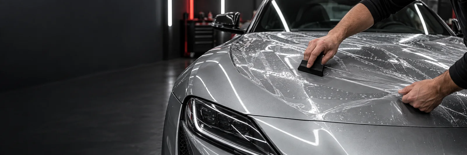 Clear paint protection film being applied to a silver vehicle hood