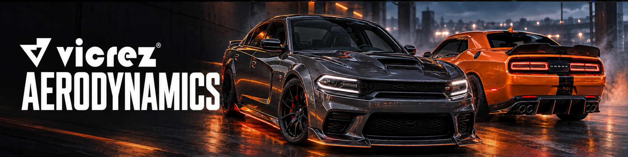 Vicrez Aerodynamics — gray Charger and orange Challenger with aero upgrades